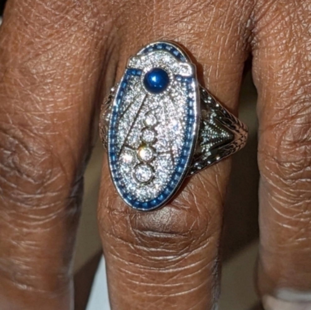 Art Deco Style Lab Created diamond Sapphire Wedding 14k White Gold Plated Sz 10 - Picture 15 of 15
